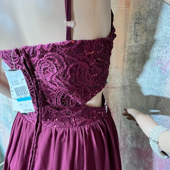 NEW📌Sexy Burgundy Infinity Beaded Cutout Sequin Lace Chiffon Prom Gown - Picture 8 of 15
